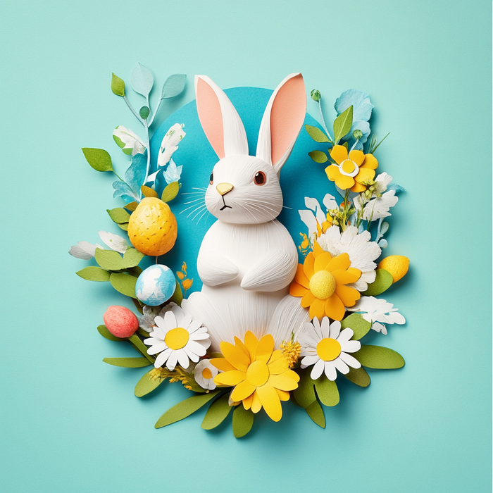 Image générée par IA d'un lapin dans un décor de Pâques